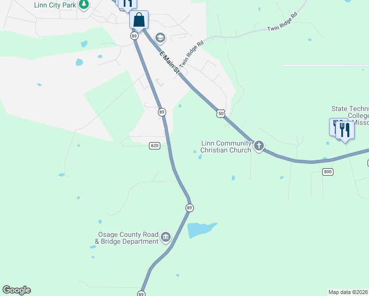 map of restaurants, bars, coffee shops, grocery stores, and more near 232 Missouri 89 in Linn