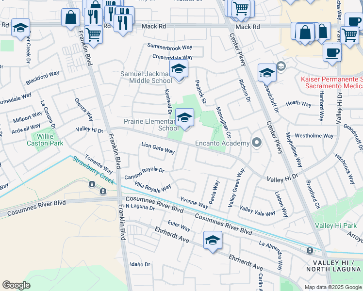 map of restaurants, bars, coffee shops, grocery stores, and more near 8025 Halkeep Way in Sacramento