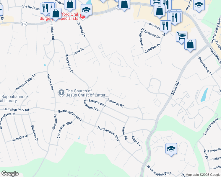 map of restaurants, bars, coffee shops, grocery stores, and more near 5 Puritan Pl in Stafford