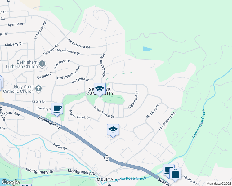 map of restaurants, bars, coffee shops, grocery stores, and more near 5866 Sailing Hawk Avenue in Santa Rosa