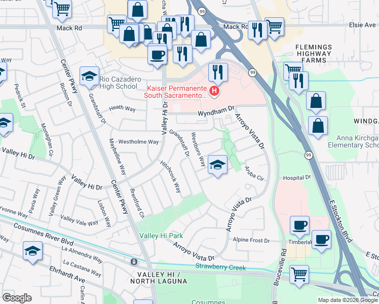 map of restaurants, bars, coffee shops, grocery stores, and more near 8027 Grandstaff Dr in Sacramento