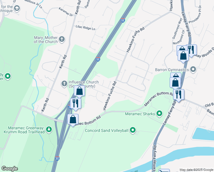 map of restaurants, bars, coffee shops, grocery stores, and more near 6223 Hawkins Farm Court in St. Louis