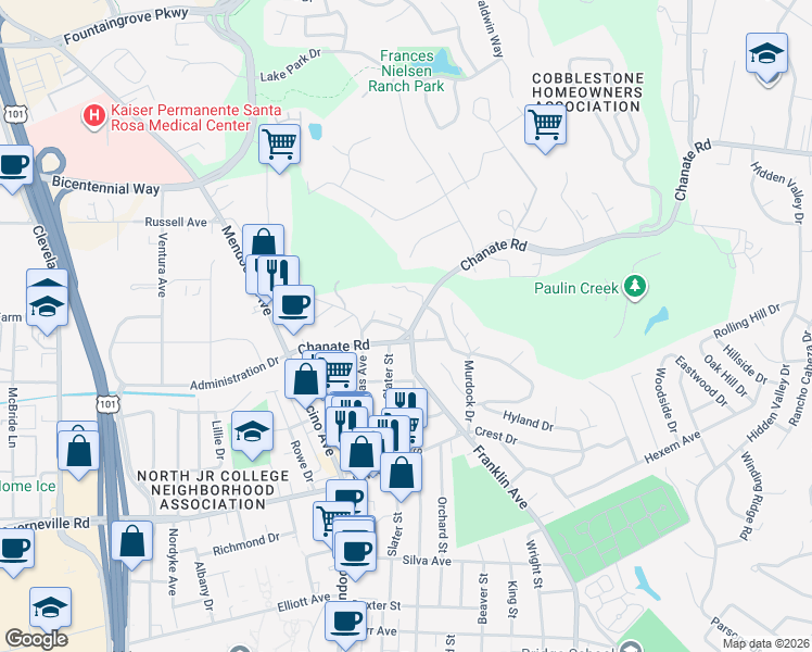 map of restaurants, bars, coffee shops, grocery stores, and more near 661 Plum Drive in Santa Rosa