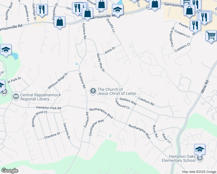 map of restaurants, bars, coffee shops, grocery stores, and more near 28 Darbywood Court in Stafford