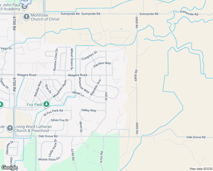 map of restaurants, bars, coffee shops, grocery stores, and more near 2398 Election Way in Montrose