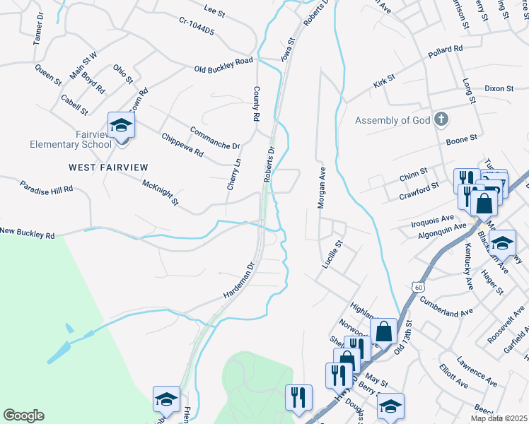 map of restaurants, bars, coffee shops, grocery stores, and more near Roberts Drive in Ashland