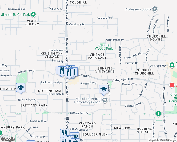 map of restaurants, bars, coffee shops, grocery stores, and more near 8984 Merlot Way in Sacramento