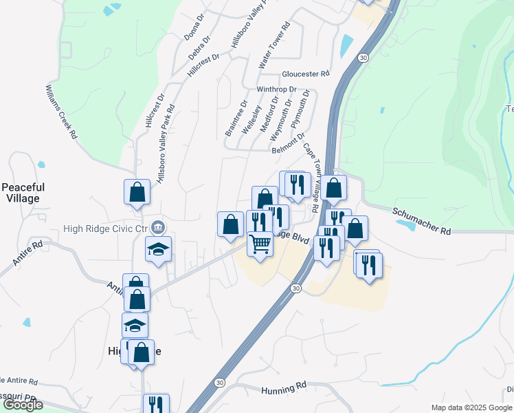 map of restaurants, bars, coffee shops, grocery stores, and more near 2620 Forest Lane in High Ridge