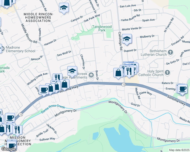 map of restaurants, bars, coffee shops, grocery stores, and more near 117 Boas Drive in Santa Rosa