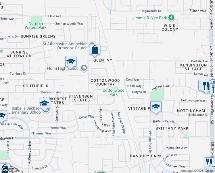 map of restaurants, bars, coffee shops, grocery stores, and more near 8054 Bucks Harbor Way in Sacramento