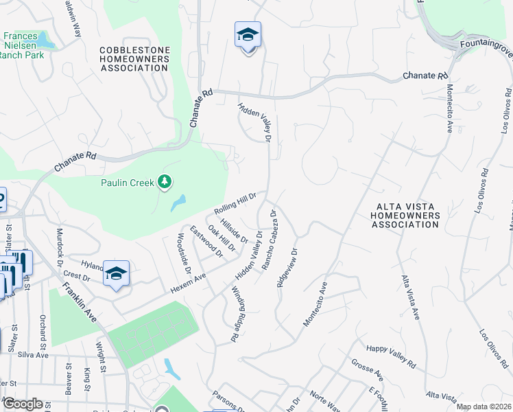 map of restaurants, bars, coffee shops, grocery stores, and more near 2625 Hidden Valley Drive in Santa Rosa