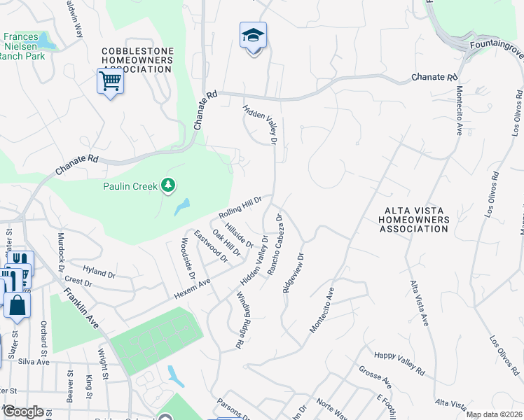 map of restaurants, bars, coffee shops, grocery stores, and more near 2625 Hidden Valley Drive in Santa Rosa