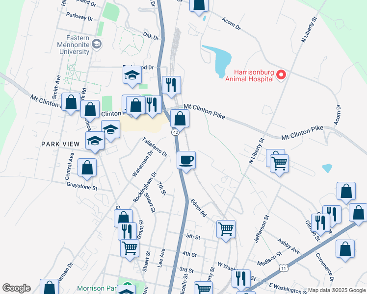 map of restaurants, bars, coffee shops, grocery stores, and more near 1084 Virginia Avenue in Harrisonburg