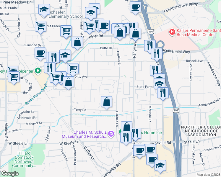 map of restaurants, bars, coffee shops, grocery stores, and more near 126 Anacapa Drive in Santa Rosa