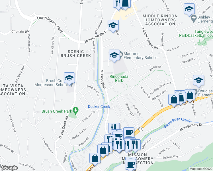 map of restaurants, bars, coffee shops, grocery stores, and more near 1804 Mission Boulevard in Santa Rosa