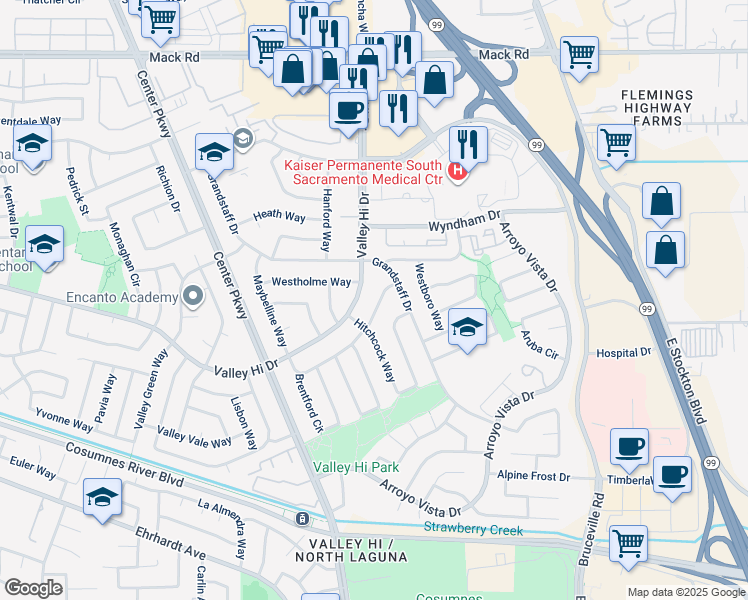 map of restaurants, bars, coffee shops, grocery stores, and more near 6551 Weatherford Way in Sacramento