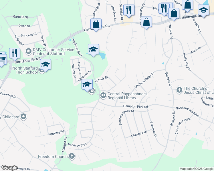 map of restaurants, bars, coffee shops, grocery stores, and more near 117 Hedgeapple Court in Stafford