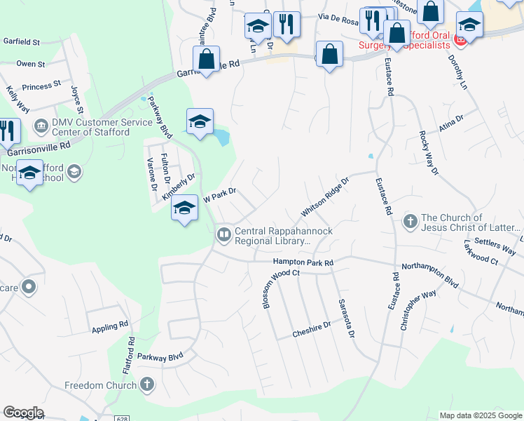 map of restaurants, bars, coffee shops, grocery stores, and more near 112 Park Cove Drive in Stafford