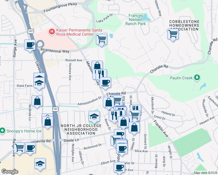 map of restaurants, bars, coffee shops, grocery stores, and more near 322 Lomitas Lane in Santa Rosa