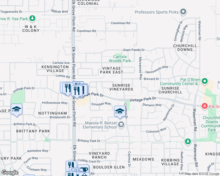 map of restaurants, bars, coffee shops, grocery stores, and more near 9029 Merlot Way in Sacramento