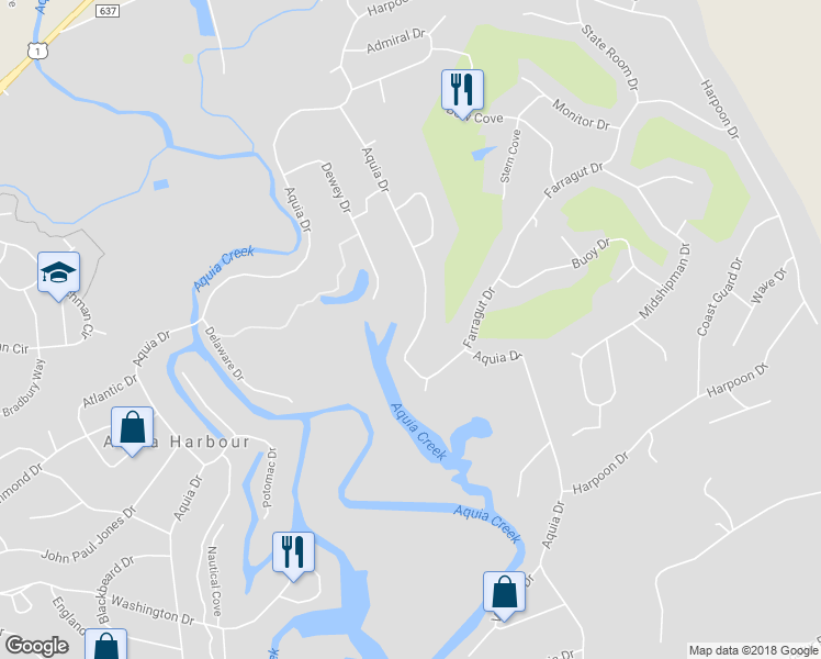 map of restaurants, bars, coffee shops, grocery stores, and more near 2149 Aquia Drive in Stafford