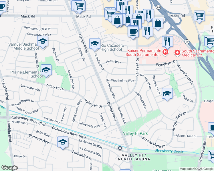map of restaurants, bars, coffee shops, grocery stores, and more near 8020 Maybelline Way in Sacramento