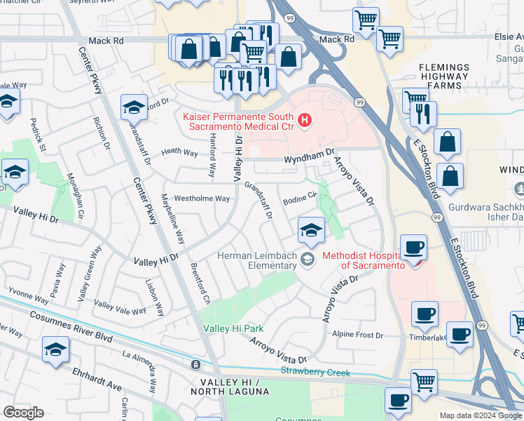 map of restaurants, bars, coffee shops, grocery stores, and more near 8020 Grandstaff Drive in Sacramento