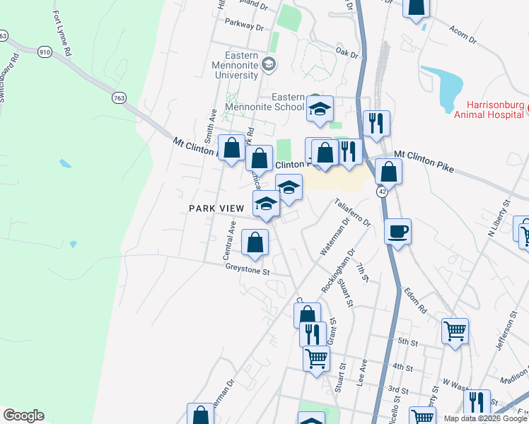 map of restaurants, bars, coffee shops, grocery stores, and more near 1009 Chicago Avenue in Harrisonburg