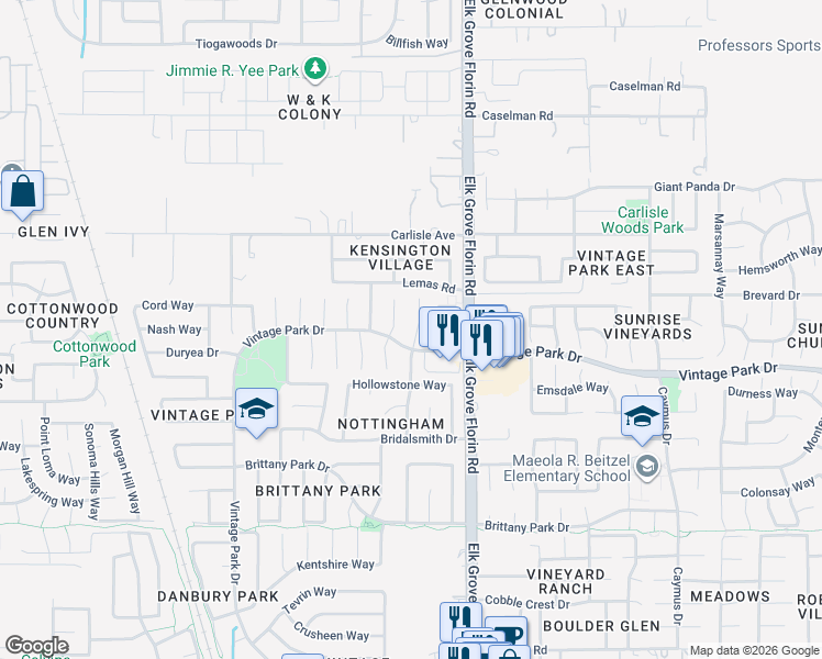 map of restaurants, bars, coffee shops, grocery stores, and more near 8032 Healy Court in Sacramento
