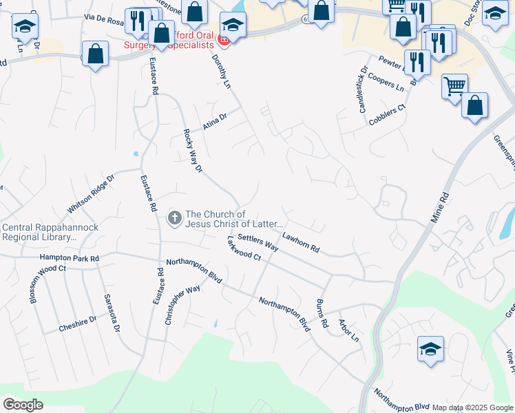 map of restaurants, bars, coffee shops, grocery stores, and more near 58 Larkwood Court in Stafford