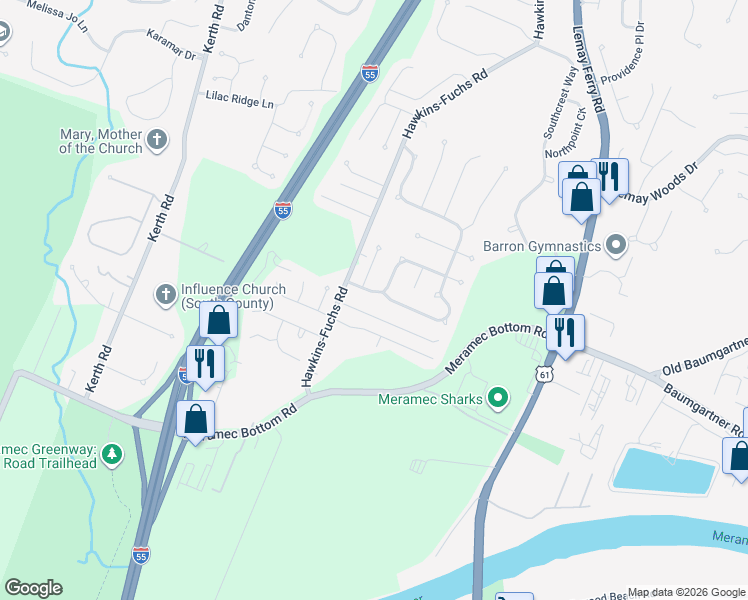 map of restaurants, bars, coffee shops, grocery stores, and more near 6192 Clovergreen Place in St. Louis
