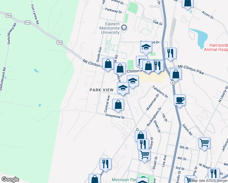 map of restaurants, bars, coffee shops, grocery stores, and more near 1060 Shenandoah Street in Harrisonburg