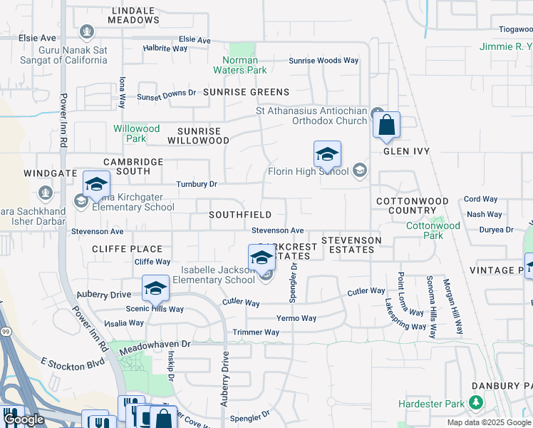 map of restaurants, bars, coffee shops, grocery stores, and more near 8017 Brightside Court in Sacramento