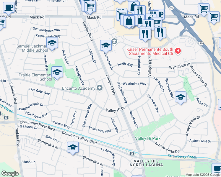 map of restaurants, bars, coffee shops, grocery stores, and more near 8014 Center Parkway in Sacramento