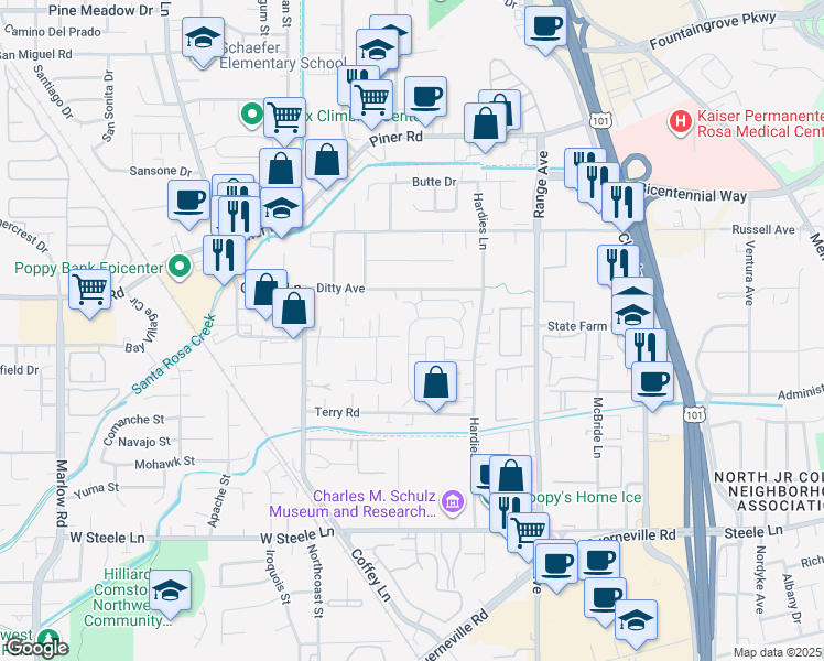map of restaurants, bars, coffee shops, grocery stores, and more near 109 Estrella Drive in Santa Rosa