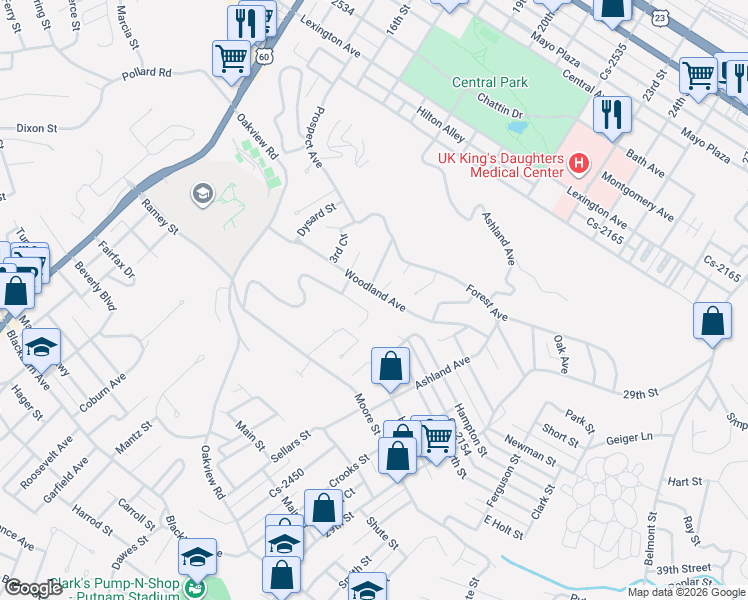 map of restaurants, bars, coffee shops, grocery stores, and more near 10 Woodland Avenue in Ashland