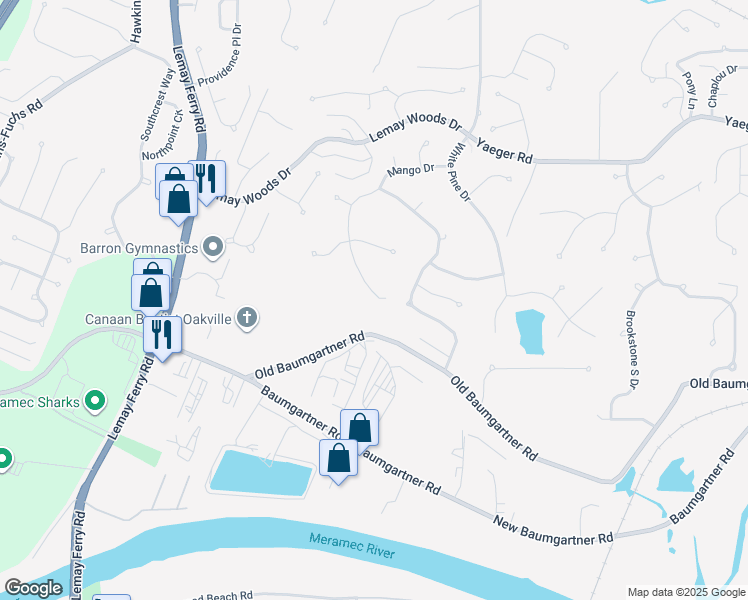 map of restaurants, bars, coffee shops, grocery stores, and more near 5843 Mango Drive in St. Louis