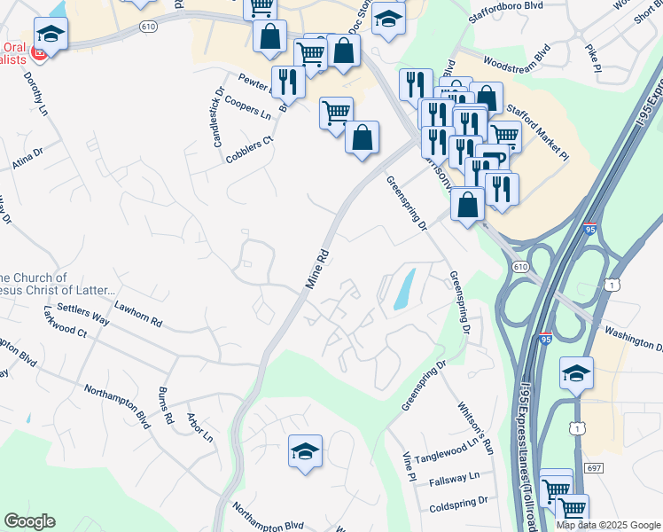 map of restaurants, bars, coffee shops, grocery stores, and more near 107 Mine Road in Stafford