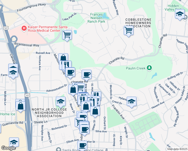 map of restaurants, bars, coffee shops, grocery stores, and more near 661 Plum Drive in Santa Rosa