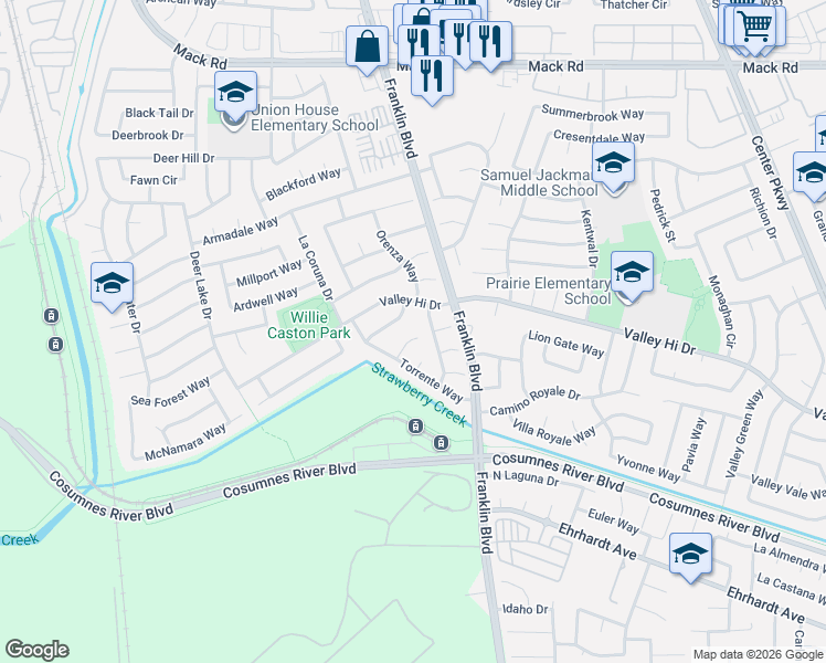map of restaurants, bars, coffee shops, grocery stores, and more near 11 Monterosa Ct in Sacramento