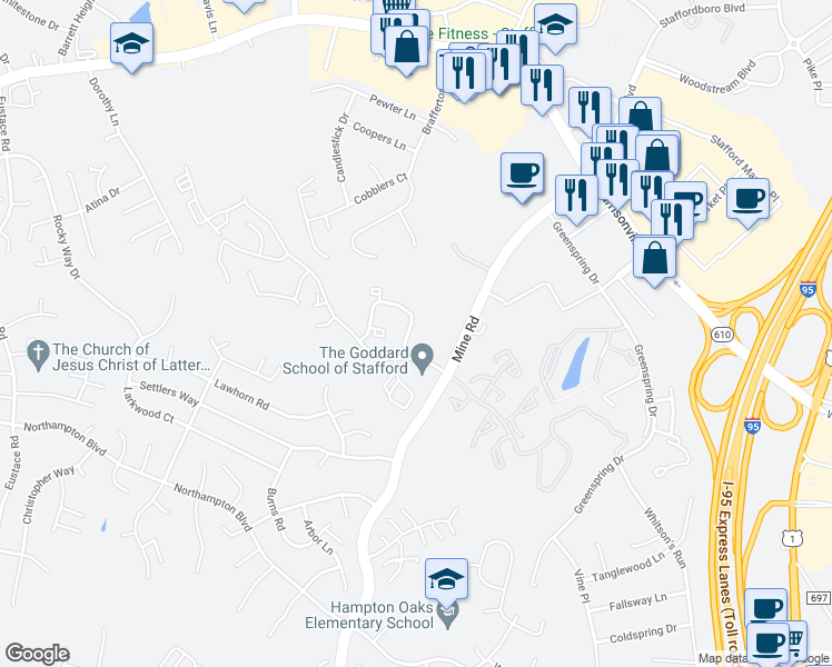map of restaurants, bars, coffee shops, grocery stores, and more near 200 Pinnacle Drive in Stafford