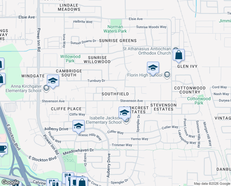 map of restaurants, bars, coffee shops, grocery stores, and more near 8030 Springarden Way in Sacramento