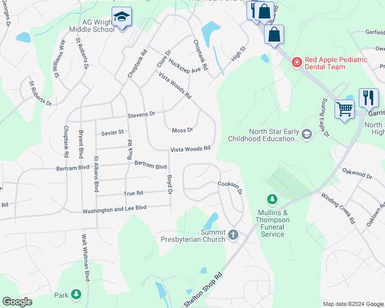 map of restaurants, bars, coffee shops, grocery stores, and more near 65 Vista Woods Road in Stafford