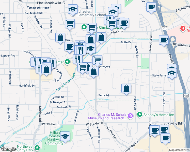 map of restaurants, bars, coffee shops, grocery stores, and more near 2111 Bluebell Drive in Santa Rosa