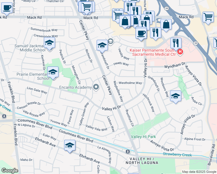 map of restaurants, bars, coffee shops, grocery stores, and more near Center Parkway in Sacramento