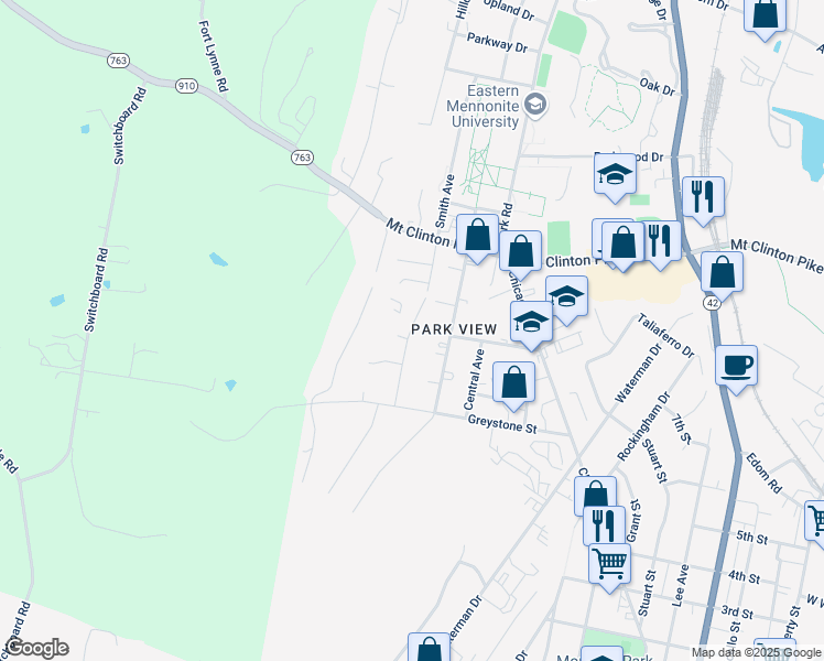 map of restaurants, bars, coffee shops, grocery stores, and more near 21 Smith Avenue in Harrisonburg