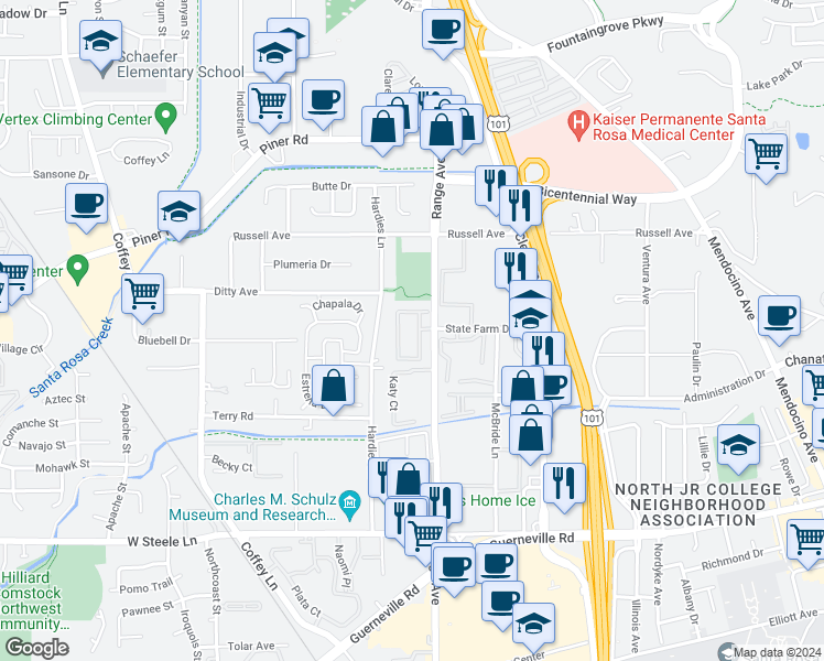 map of restaurants, bars, coffee shops, grocery stores, and more near 8 State Farm Drive in Santa Rosa