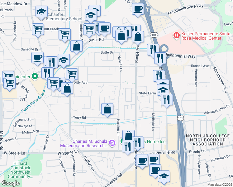 map of restaurants, bars, coffee shops, grocery stores, and more near 126 Anacapa Drive in Santa Rosa