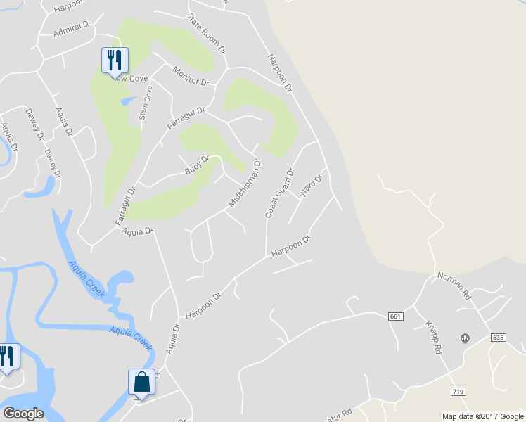 map of restaurants, bars, coffee shops, grocery stores, and more near 2020 Coast Guard Drive in Stafford