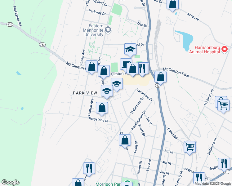 map of restaurants, bars, coffee shops, grocery stores, and more near 1000 Chicago Avenue in Harrisonburg